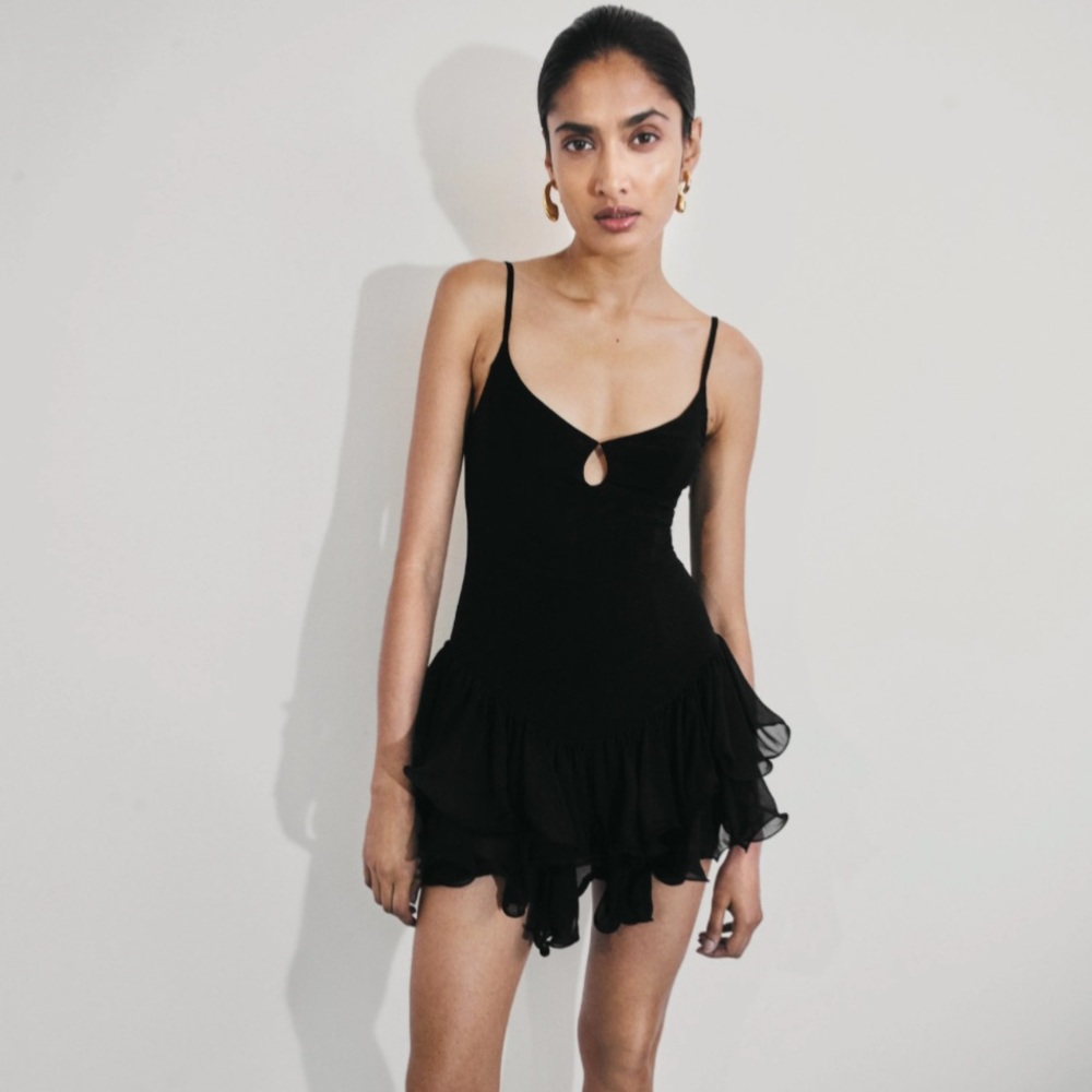 NWT Meshki Calantha Ruffle Mesh Mini Dress - Black (XXS)